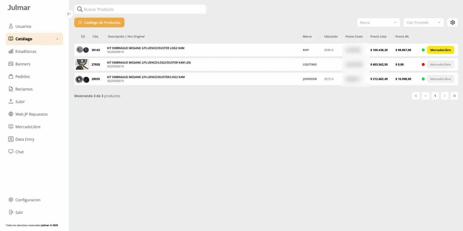 Panel de administración de Julmar: catálogo con precios y estado en MercadoLibre