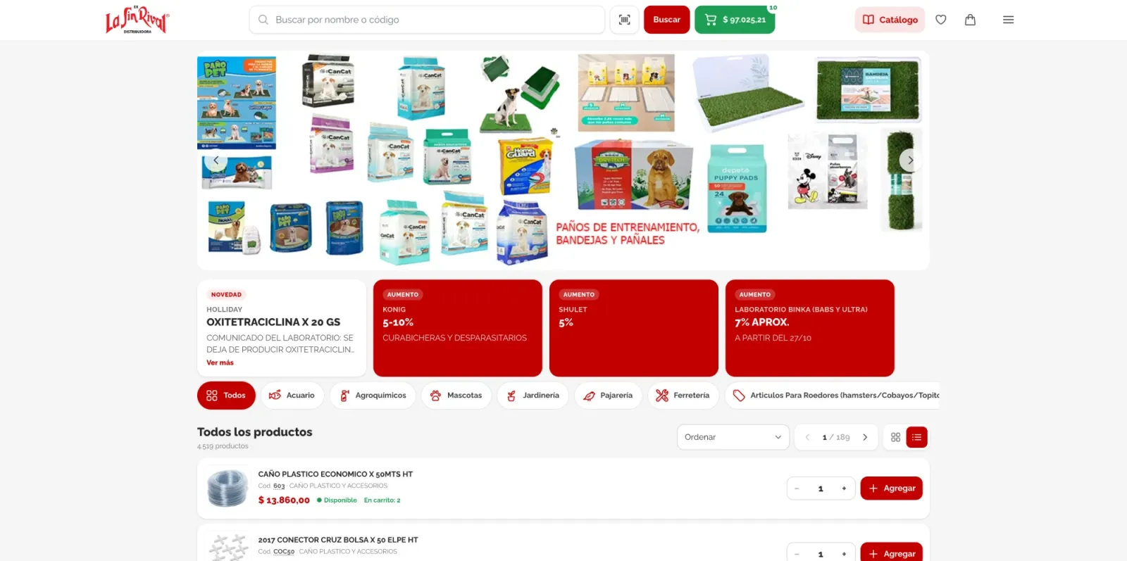 Tienda de La Sin Rival: banners, categorías y listado de productos
